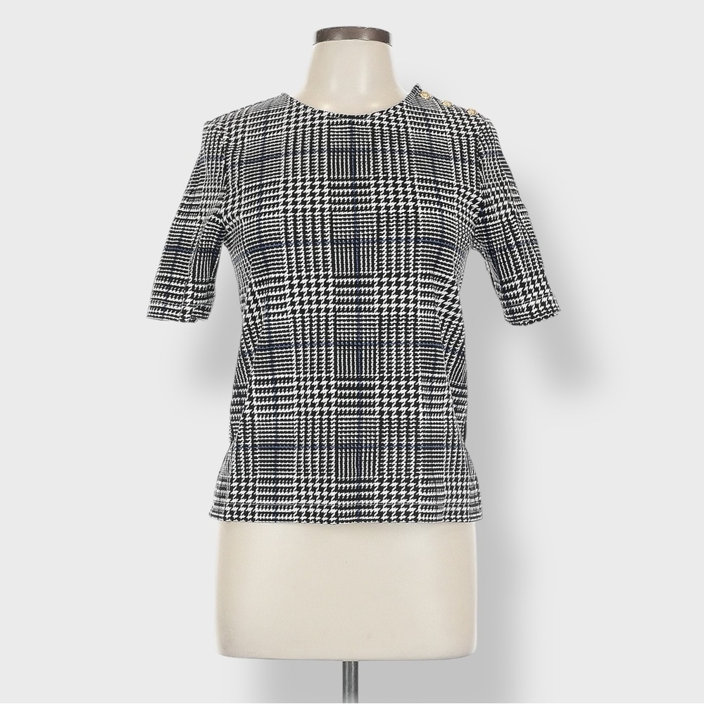 Lauren Ralph Lauren Top Tee Women's Medium Black White Blue Houndstooth Stretch - Picture 2 of 11